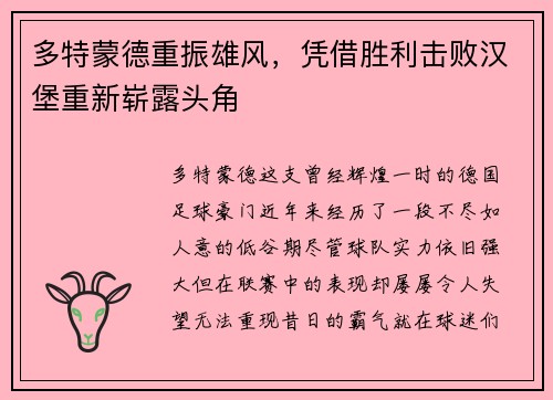 多特蒙德重振雄风，凭借胜利击败汉堡重新崭露头角