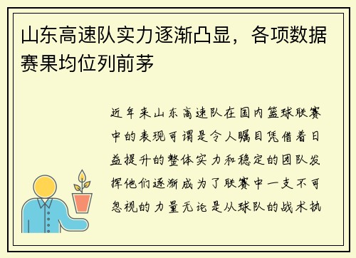 山东高速队实力逐渐凸显，各项数据赛果均位列前茅